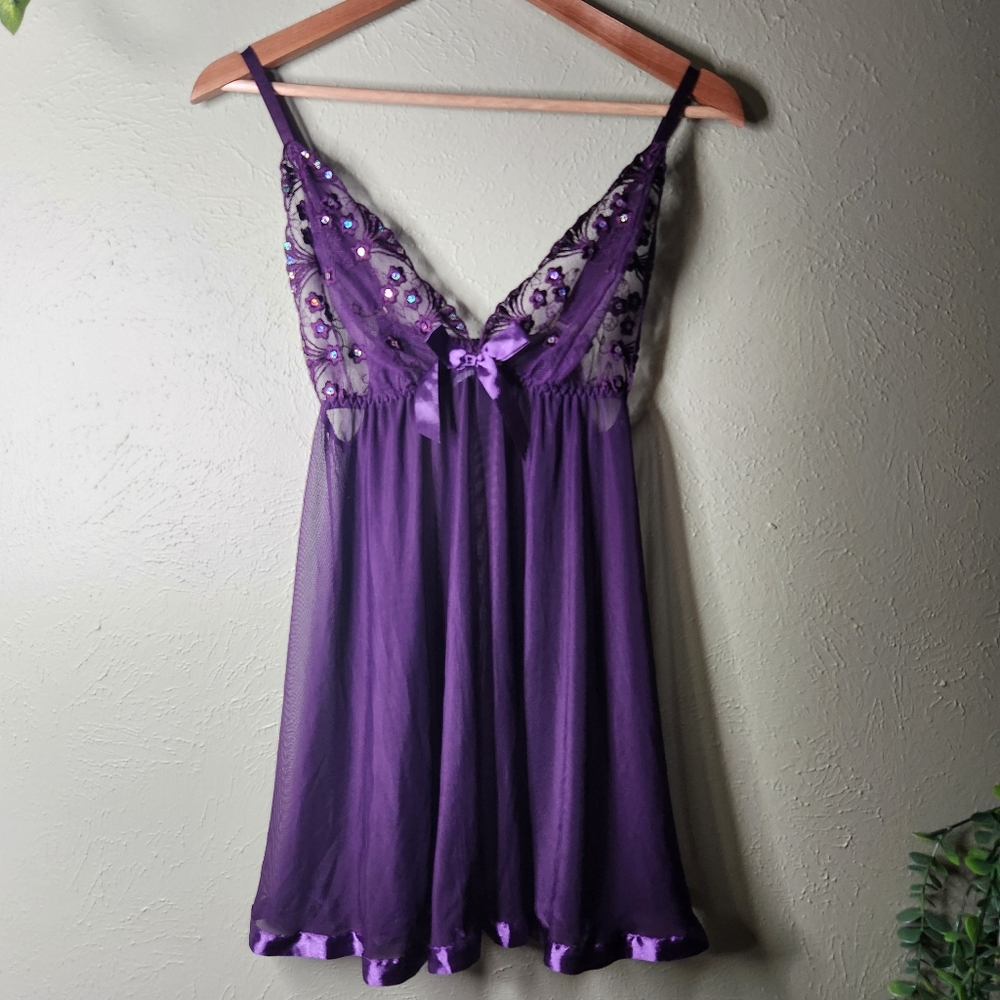 Carrie Amber Purple Sheer Babydoll Lingerie with Embroidered Lace & Rhinestone L